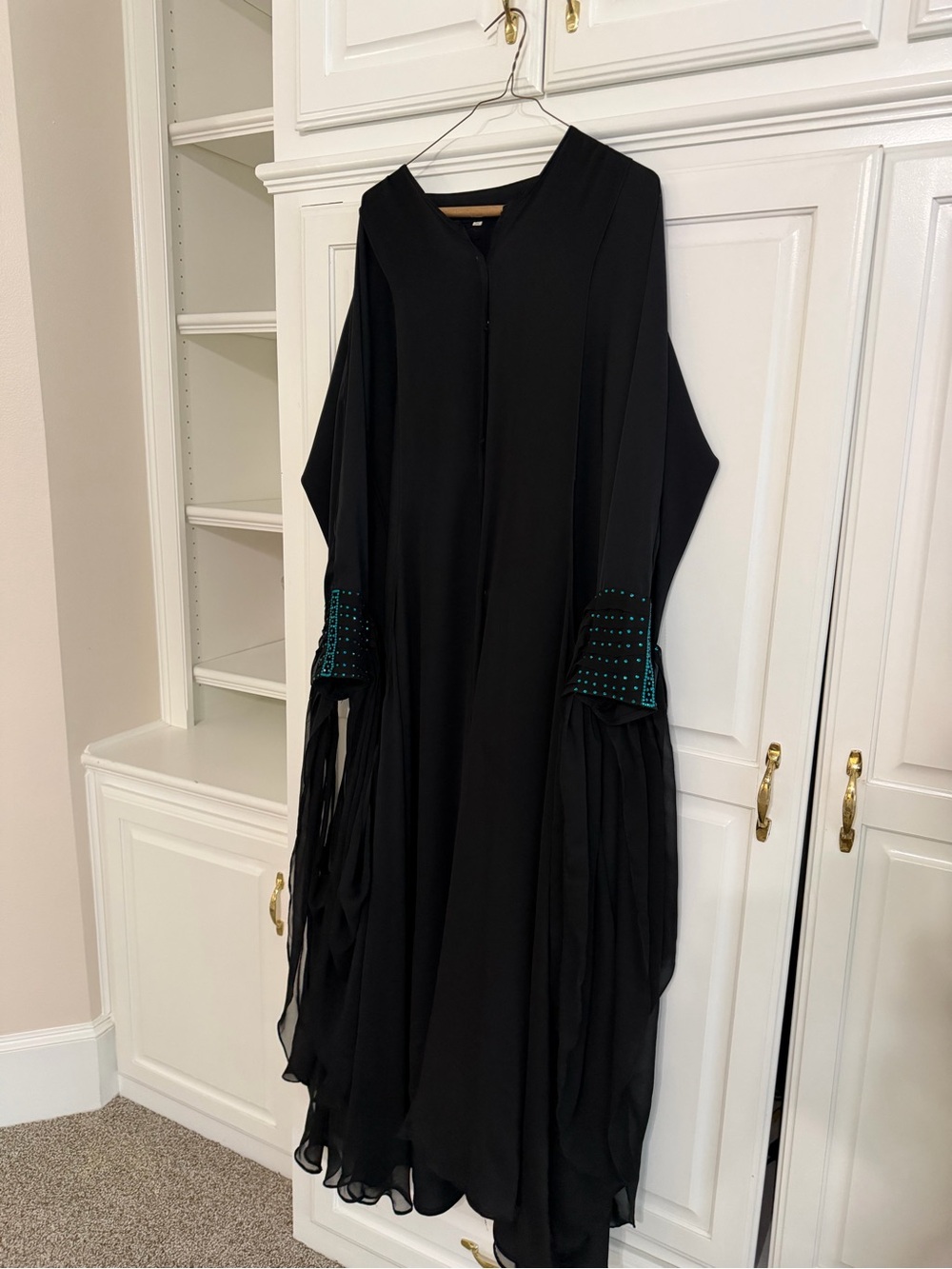 Black Women's Long Sleeve Abaya with Teal Embellished Cuffs
